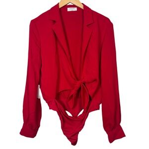 BABATON Aritzia Bodysuit Large Red Long Sleeve Tie Front Ace Blazer Style Thong